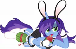 Size: 2048x1314 | Tagged: suggestive, artist:moliminous, derpibooru import, oc, oc:cher nobyl, unofficial characters only, pony, unicorn, bunny ears, clothes, female, food, foodplay, gloves, image, jpeg, licking, looking at you, maid, mare, seductive, sexy, skirt, socks, thigh crush, thigh highs, tongue out, watermelon