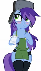 Size: 1196x2048 | Tagged: suggestive, artist:moliminous, derpibooru import, oc, oc:cher nobyl, unofficial characters only, pony, unicorn, apron, bipedal, blushing, clothes, curvy, female, hat, iced latte with breast milk, image, jpeg, mare, meme, paper, pen, sexy, simple background, socks, starbucks, thicc thighs, thigh highs, ushanka, vector, white background