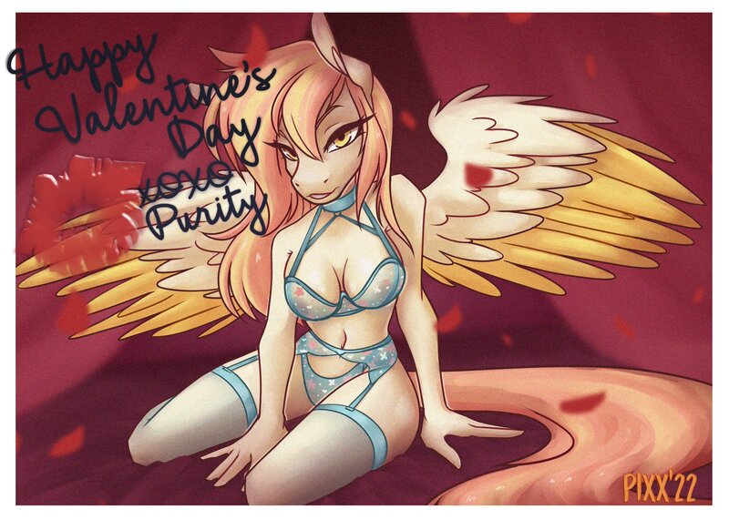 Size: 2048x1463 | Tagged: questionable, artist:pixxpal, derpibooru import, oc, oc:purity, unofficial characters only, anthro, pegasus, bed, bra, breasts, clothes, colored wings, dialogue, female, garter belt, image, inviting, jpeg, kiss mark, lingerie, lipstick, panties, red background, seductive, seductive pose, sexy, simple background, smooch, socks, solo, solo female, thigh highs, two toned wings, underwear, weapons-grade sexy, wings
