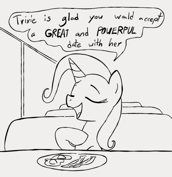 Size: 930x954 | Tagged: safe, artist:dotkwa, derpibooru import, trixie, pony, unicorn, bacon, egg (food), eyes closed, female, food, fried egg, grayscale, image, mare, meat, monochrome, open mouth, png, ponies eating meat, sitting, solo, speech bubble, talking to viewer