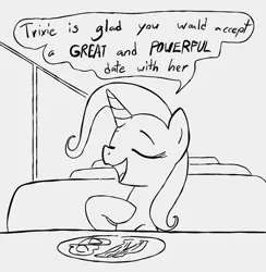 Size: 930x954 | Tagged: safe, artist:dotkwa, derpibooru import, trixie, pony, unicorn, bacon, egg (food), eyes closed, female, food, fried egg, grayscale, image, mare, meat, monochrome, open mouth, png, ponies eating meat, sitting, solo, speech bubble, talking to viewer