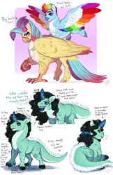 Size: 2200x3400 | Tagged: safe, artist:theartfox2468, derpibooru import, princess skystar, rainbow dash, oc, oc:jade gemstone, classical hippogriff, dracony, hippogriff, hybrid, pegasus, my little pony: the movie, alternate hairstyle, cheek fluff, chest fluff, colored wings, crystal horn, female, high res, horn, image, interspecies offspring, multicolored wings, offspring, parent:rarity, parent:spike, parents:sparity, png, rainbow wings, sharp teeth, short hair, teeth, trio, wings