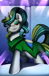 Size: 2650x4109 | Tagged: safe, artist:pridark, derpibooru import, oc, unofficial characters only, pony, unicorn, clothes, commission, dress, fashion, female, high res, horn, image, looking at you, mare, png, pose, runway, solo, spotlight, unicorn oc