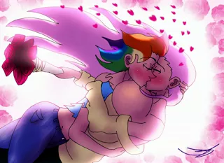 Size: 4096x2978 | Tagged: suggestive, artist:ringteam7, derpibooru import, fluttershy, rainbow dash, human, big breasts, blushing, bouquet, breasts, busty fluttershy, eyes closed, female, flower, flutterdash, heart, hug, huge breasts, humanized, image, impossibly large breasts, jpeg, kissing, lesbian, rose, shipping, tackle, tackle hug