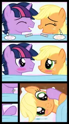 Size: 1280x2300 | Tagged: safe, artist:bigsnusnu, derpibooru import, applejack, twilight sparkle, earth pony, pony, unicorn, comic:dusk shine in pursuit of happiness, bed, blanket, blushing, dusk shine, duskjack, female, gulp, half r63 shipping, image, laughing, lesbian, looking at each other, looking at someone, male, pillow, png, rule 63, shipping, smiling, smiling at each other, straight, touching face, twijack