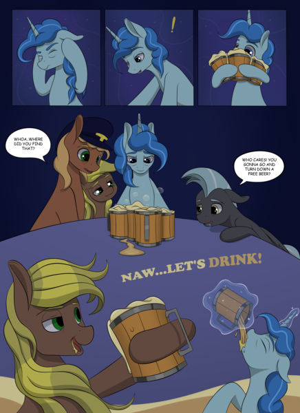 Size: 2904x4000 | Tagged: safe, artist:palibrik, author:bigonionbean, derpibooru import, compass star, evening star, party favor, thunderlane, oc, earth pony, pegasus, pony, unicorn, comic:securing a sentinel, alcohol, beer mug, carousel boutique, comic, commissioner:bigonionbean, confusion, dialogue, drinking, drunk, hat, high res, horn, image, in his head, magic, male, mug, offscreen character, png, ponyville, salivating, simple background, sitting, stallion, table, tail, wings