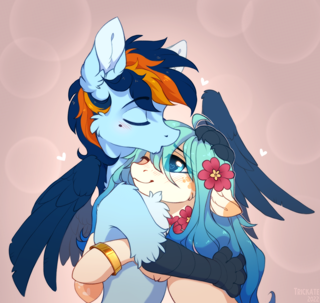 Size: 2266x2149 | Tagged: safe, artist:trickate, derpibooru import, oc, oc:seascape, oc:skysail, unofficial characters only, earth pony, hippogriff, pony, image, kiss on the head, png