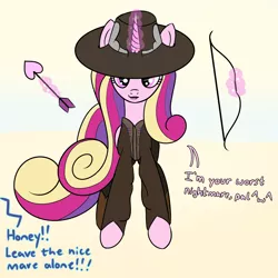 Size: 2000x2000 | Tagged: safe, artist:dafiltafish, derpibooru import, princess cadance, alicorn, pony, arrow, bow, cad bane, clothes, dialogue, hat, holiday, image, implied shining armor, looking at you, magic, magic aura, png, solo, star wars, star wars: the book of boba fett, star wars:the book of boba fett, telekinesis, valentine's day