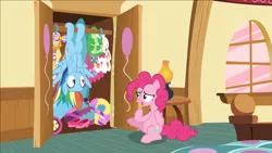 Size: 1919x1079 | Tagged: safe, derpibooru import, screencap, gummy, pinkie pie, rainbow dash, earth pony, pegasus, pony, 28 pranks later, behaving like a bat, closet, clothes, cute, dashabetes, duo, duo female, female, hanging, hanging upside down, image, laughing, party cannon, png, smiling, sugarcube corner, upside down