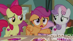 Size: 1280x720 | Tagged: safe, derpibooru import, edit, edited screencap, editor:quoterific, screencap, apple bloom, scootaloo, sweetie belle, earth pony, pegasus, pony, unicorn, season 9, the last crusade, spoiler:s09, apple bloom's bow, bow, cutie mark crusaders, female, filly, floppy ears, foal, hair bow, image, jpeg, open mouth