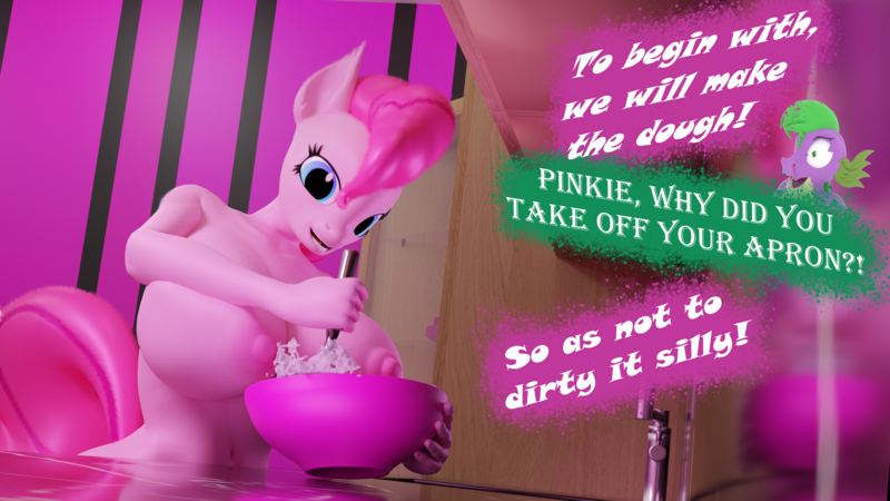 Size: 3840x2160 | Tagged: questionable, artist:clopmaestroman, derpibooru import, pinkie pie, spike, anthro, comic:pinkie-picnic, big breasts, blood, bowl, breasts, busty pinkie pie, cooking, huge breasts, image, mixing bowl, nipples, nosebleed, nudity, offscreen character, png, solo, text