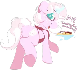 Size: 2052x1867 | Tagged: safe, artist:rhythmpixel, derpibooru import, oc, oc:marshmallow fluff, unofficial characters only, pony, unicorn, apron, butt, clothes, dock, donut, female, food, image, looking at you, looking back, looking back at you, magic, mare, plot, png, simple background, solo, tail, transparent background