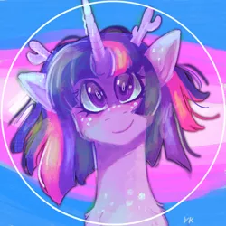 Size: 3500x3500 | Tagged: safe, artist:yumkandie, derpibooru import, twilight sparkle, oc, deer, deer pony, original species, pony, unicorn, antlers, bangs, chest fluff, ear fluff, female, freckles, high res, image, mouthpiece, png, pride flag, short hair, solo, swirly eyes