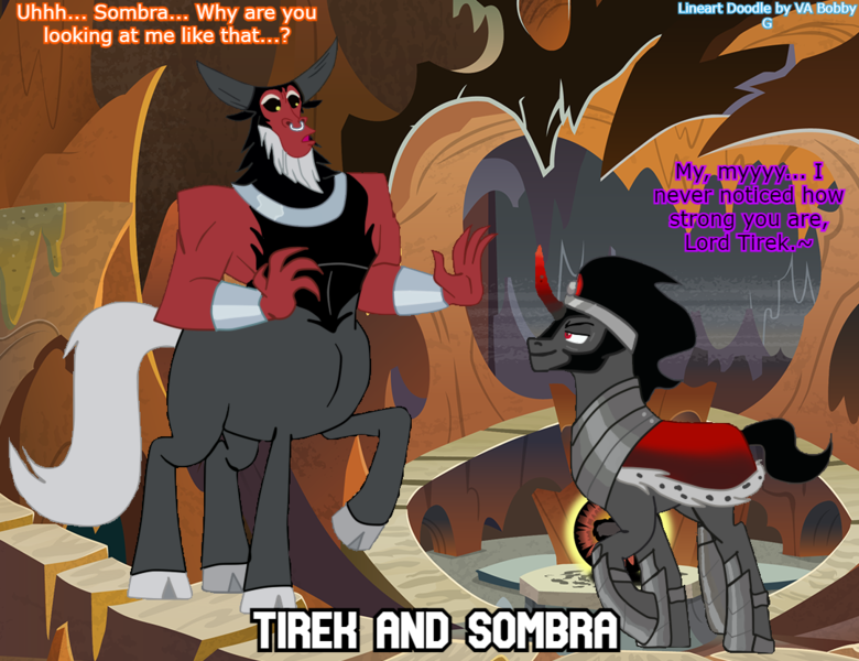 Size: 1083x833 | Tagged: safe, artist:nukarulesthehouse1, color edit, derpibooru import, edit, king sombra, lord tirek, umbrum, unicorn, frenemies (episode), the beginning of the end, antagonist, armor, arms, background, beard, black mane, bracer, cape, caption, chestplate, claws, clothes, colored, colored horn, confused, crack shipping, crown, crystal ball, curved horn, dialogue, doodle, doodles, duo, evil, evil lair, facial hair, flirting, flowing mane, flowing tail, funny, gay, grogar's lair, grogar's orb, hand, hooves, horn, horns, image, image macro, implied shipping, jewelry, lair, lineart, male, muscles, nose piercing, nose ring, paint tool sai, piercing, png, regalia, shipping, smiling, smirk, sombrek, strong, tail, text, trace, waterfall, wristband, wtf