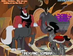 Size: 1083x833 | Tagged: safe, artist:nukarulesthehouse1, color edit, derpibooru import, edit, king sombra, lord tirek, umbrum, unicorn, frenemies (episode), the beginning of the end, antagonist, armor, arms, background, beard, black mane, bracer, cape, caption, chestplate, claws, clothes, colored, colored horn, confused, crack shipping, crown, crystal ball, curved horn, dialogue, doodle, doodles, duo, evil, evil lair, facial hair, flirting, flowing mane, flowing tail, funny, gay, grogar's lair, grogar's orb, hand, hooves, horn, horns, image, image macro, implied shipping, jewelry, lair, lineart, male, muscles, nose piercing, nose ring, paint tool sai, piercing, png, regalia, shipping, smiling, smirk, sombrek, strong, tail, text, trace, waterfall, wristband, wtf