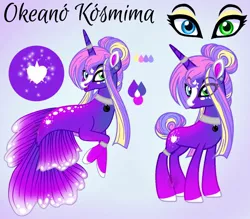 Size: 1002x878 | Tagged: safe, artist:teonnakatztkgs, derpibooru import, oc, unofficial characters only, merpony, pony, sea pony, seapony (g4), unicorn, base used, choker, dorsal fin, duo, female, fish tail, flowing mane, flowing tail, horn, horn ring, image, jewelry, jpeg, mare, open mouth, reference sheet, ring, seaponified, seapony oc, simple background, smiling, species swap, tail, unicorn oc