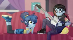 Size: 1890x1037 | Tagged: safe, artist:teonnakatztkgs, derpibooru import, oc, unofficial characters only, equestria girls, clothes, duo, female, guitar, image, indoors, interspecies offspring, jpeg, male, musical instrument, offspring, one eye closed, parent:discord, parent:rainbow dash, parent:soarin', parents:discodash, parents:soarindash, shoes, smiling, story included, wink