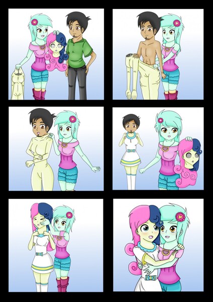 Size: 905x1280 | Tagged: suggestive, artist:helloimajuicebox, derpibooru import, bon bon, lyra heartstrings, sweetie drops, equestria girls, bodysuit, clothes, disguise, equestria girls outfit, image, jpeg, male to female, mask, oc to canon, permanent, rule 63, suitup, transformation, transgender transformation