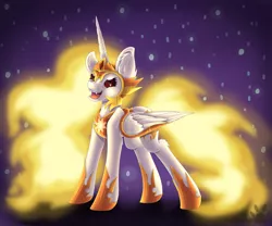 Size: 2683x2236 | Tagged: safe, artist:maneblue, derpibooru import, daybreaker, alicorn, pony, a royal problem, ear fluff, female, hoof shoes, image, mane of fire, mare, night, open mouth, peytral, png, smiling, solo, stars