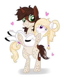 Size: 2941x3456 | Tagged: safe, artist:kaikururu, derpibooru import, oc, unofficial characters only, earth pony, pony, unicorn, bipedal, braid, bridal carry, carrying, earth pony oc, eyelashes, female, heart, horn, image, male, mare, oc x oc, png, shipping, simple background, smiling, stallion, transparent background, unicorn oc