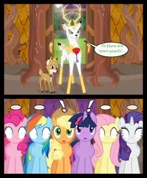 Size: 1280x1545 | Tagged: safe, artist:bigsnusnu, derpibooru import, applejack, bramble, fluttershy, king aspen, pinkie pie, rainbow dash, rarity, twilight sparkle, deer, earth pony, pegasus, unicorn, comic:dusk shine in pursuit of happiness, accesory, accessories, angry, barrel, bush, door, dusk shine, exclamation point, forest, gazebo, heart shaped, image, messy mane, png, rule 63, surprised, tree, worried