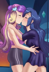 Size: 1391x2048 | Tagged: suggestive, artist:thebrokencog, derpibooru import, princess cadance, princess luna, human, equestria girls, equestria girls series, big breasts, breasts, busty princess cadance, busty princess luna, clothes, commission, dean cadance, exposed breasts, eyes closed, fanfic art, female, females only, first kiss, humanized, image, infidelity, kissing, lesbian, lundance, png, robe, shipping, shorts, sports bra, sports shorts, vice principal luna
