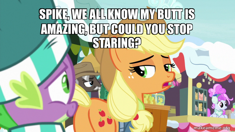 Size: 800x450 | Tagged: safe, derpibooru import, edit, edited screencap, screencap, applejack, burnt oak, cotton sky, spike, best gift ever, butt, caption, image, image macro, plot, png, text