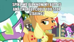 Size: 800x450 | Tagged: safe, derpibooru import, edit, edited screencap, screencap, applejack, burnt oak, cotton sky, spike, best gift ever, butt, caption, image, image macro, plot, png, text