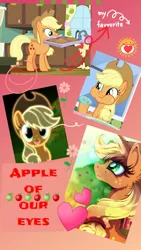 Size: 1044x1856 | Tagged: safe, artist:decokelow, derpibooru import, applejack, earth pony, pony, book:friendship scrapbook, collage, cropped, designs, eating, female, image, jpeg, mare, photo, scrapbook, smiling