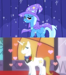 Size: 1280x1440 | Tagged: safe, derpibooru import, edit, edited screencap, screencap, prince blueblood, trixie, pony, unicorn, boast busters, the best night ever, bluetrix, cape, clothes, female, hat, heart, image, male, png, shipping, shipping domino, sparkles, straight, trixie's cape, trixie's hat