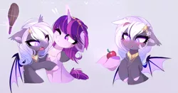 Size: 3666x1925 | Tagged: safe, artist:magnaluna, derpibooru import, oc, unofficial characters only, bat pony, pony, unicorn, apple, comic, food, grumpy, image, png, stick, swelling, weapon