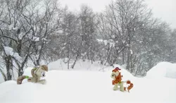 Size: 2048x1194 | Tagged: safe, derpibooru import, photographer:pakapaka1993, autumn blaze, kirin, pony, duo, image, irl, japan, jpeg, photo, plushie, snow, snowfall, winter