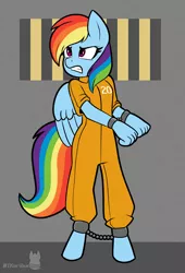 Size: 1200x1763 | Tagged: safe, artist:ikaribunbun, derpibooru import, rainbow dash, anthro, pegasus, unguligrade anthro, clothes, commission, cuffs, female, gritted teeth, image, png, prison outfit, prisoner rd, signature, solo, standing, tail, wings