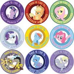 Size: 817x817 | Tagged: safe, artist:ambris, derpibooru import, applejack, derpy hooves, discord, fluttershy, pinkie pie, rainbow dash, rarity, trixie, twilight sparkle, pony, image, png, seal of approval