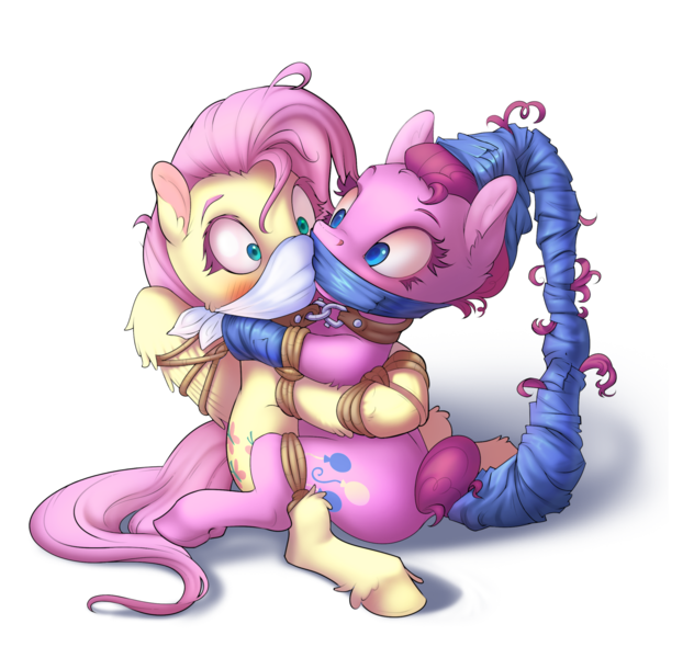 Size: 2534x2407 | Tagged: questionable, artist:gor1ck, derpibooru import, fluttershy, pinkie pie, earth pony, pegasus, pony, bondage, bound and gagged, bound together, cloth gag, duct tape, female, femsub, gag, image, png, simple background, submissive, tape, tape gag, transparent background