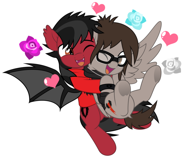 Size: 5859x5000 | Tagged: safe, artist:jhayarr23, derpibooru import, oc, ponified, unofficial characters only, bat pony, pegasus, pony, undead, zombie, bat wings, bone, clothes, commission, dock, duo, duo male, ear fluff, fall out boy, fangs, from behind, gay, glasses, happy, hoodie, hug, image, jewelry, long sleeves, male, mikey way, my chemical romance, necklace, one eye closed, open mouth, pete wentz, png, shipping, shirt, simple background, spread wings, t-shirt, tail, tattoo, transparent background, underhoof, wings, wristband, ych result