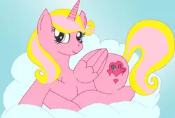 Size: 2983x2010 | Tagged: safe, artist:bb14, derpibooru import, oc, oc:amore, alicorn, pony, alicorn oc, cloud, day, female, horn, image, jpeg, looking back, lying down, lying on a cloud, mare, on a cloud, sky, solo, wings