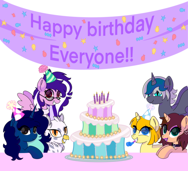 Size: 2642x2404 | Tagged: safe, artist:kb-gamerartist, derpibooru import, oc, oc:chloe adore, oc:elizabat stormfeather, oc:gerbera, oc:midnight, oc:rain sunburst, oc:tippy toes, unofficial characters only, alicorn, bat pony, bat pony alicorn, hippogriff, pegasus, pony, unicorn, alicorn oc, banner, bat pony oc, bat wings, birthday cake, cake, candle, choker, clothes, cute, ear piercing, earring, eyeshadow, fangs, female, flying, food, grin, hat, hippogriff oc, horn, image, jewelry, lipstick, makeup, mare, multicolored hair, party hat, party horn, piercing, plate, png, scarf, simple background, smiling, sunglasses, transparent background, wings