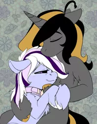 Size: 1083x1372 | Tagged: safe, artist:brainiac, derpibooru import, oc, oc:knick knack, oc:whiskey lullaby, cat, cat pony, original species, pony, unicorn, cuddling, cute, female, gentle, image, male, mare, png, snuggling, stallion, sweet