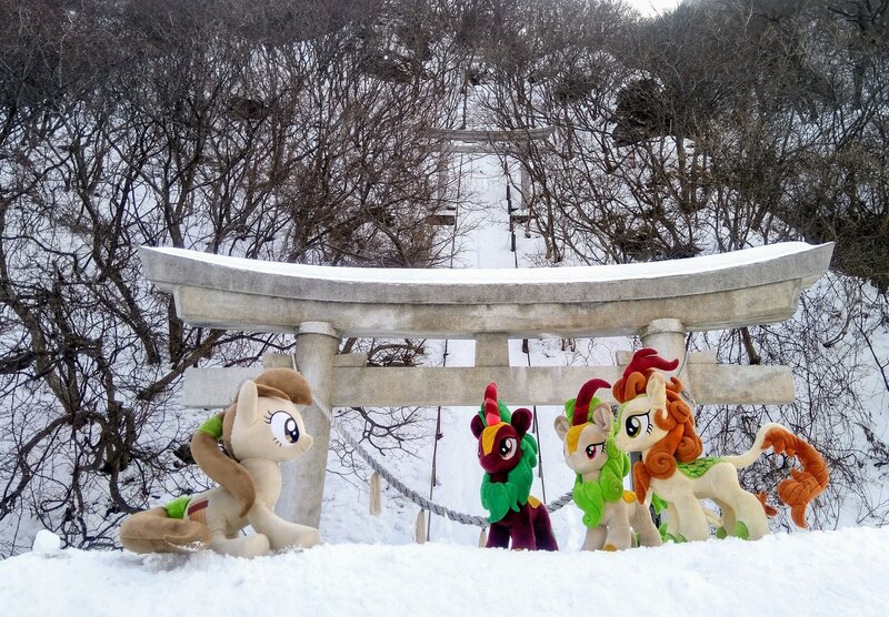 Size: 2048x1423 | Tagged: safe, derpibooru import, photographer:pakapaka1993, autumn blaze, cinder glow, spring glow, summer flare, kirin, pony, image, irl, japan, jpeg, photo, plushie, shrine, snow, winter