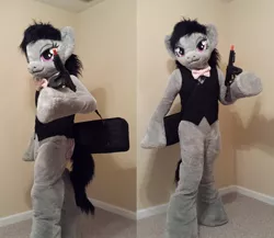 Size: 1024x888 | Tagged: safe, artist:atalonthedeer, derpibooru import, octavia melody, anthro, earth pony, human, pony, bag, bedroom eyes, bowtie, female, fursuit, g4, gangster, gun, hooves, image, irl, irl human, jpeg, photo, ponysuit, raised hoof, satchel, smiling, solo, tail, tommy gun, waistcoat, weapon