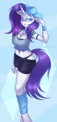 Size: 700x1500 | Tagged: suggestive, artist:shad0w-galaxy, derpibooru import, rarity, anthro, unguligrade anthro, unicorn, belly button, bra, breasts, busty rarity, clothes, eyeshadow, female, hat, image, jewelry, makeup, necklace, open mouth, patreon, piercing, png, sexy, shorts, simple background, solo, sporty style, tanktop, thighs, thunder thighs, tomboy, underwear