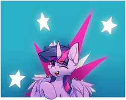 Size: 1280x1013 | Tagged: safe, artist:n_thing, derpibooru import, twilight sparkle, twilight sparkle (alicorn), alicorn, pony, bust, cutie mark, cutie mark background, ear fluff, eye clipping through hair, eyebrows, eyebrows visible through hair, eyelashes, female, horn, image, jpeg, looking at you, mare, one eye closed, open mouth, open smile, out of frame, partially open wings, smiling, smiling at you, solo, teeth, wings, wink, winking at you