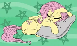 Size: 1280x768 | Tagged: safe, artist:imlpidimon, derpibooru import, fluttershy, pegasus, pony, abstract background, cute, eyes closed, female, floppy ears, folded wings, image, lying down, mare, nap, pillow, png, shyabetes, side, sleeping, solo, stray strand, wings