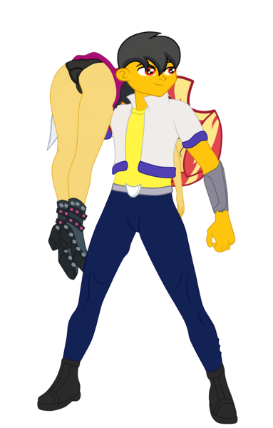 Size: 3674x5755 | Tagged: suggestive, alternate version, artist:gmaplay, derpibooru import, sunset shimmer, oc, oc:saint rider, equestria girls, equestria girls series, forgotten friendship, ass, breasts, bunset shimmer, butt, carrying, clothes, duo, image, male, ots carry, png, simple background, sunset shimmer is not amused, transparent background, unamused, unconscious, underwear