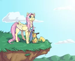 Size: 3391x2743 | Tagged: safe, artist:mylittlesonic, derpibooru import, fluttershy, pegasus, pikachu, pony, cliff, clothes, crossover, duo, female, folded wings, grass, hairband, high res, image, kamina sunglasses, looking away, looking up, mare, outdoors, png, pokémon, scarf, sky, smiling, standing, stray strand, sunglasses, tail, tail feathers, wings