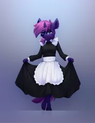 Size: 837x1080 | Tagged: oc name needed, safe, artist:n_thing, derpibooru import, oc, unofficial characters only, anthro, unguligrade anthro, unicorn, anthro oc, apron, blue eyes, breasts, cheek fluff, clothes, commission, curtsey, eyebrows, eyebrows visible through hair, eyelashes, gradient background, hooves, horn, image, jpeg, looking at you, maid, solo, standing, tail