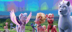 Size: 1450x640 | Tagged: safe, derpibooru import, screencap, phyllis cloverleaf, queen haven, sprout cloverleaf, unnamed character, earth pony, pegasus, pony, unicorn, my little pony: a new generation, spoiler:g5, spoiler:my little pony: a new generation, alphabittle blossomforth, animated, aurora borealis, beard, ear twitch, emperor sprout, facial hair, female, flapping, flapping wings, g5, gif, glow, glowing horn, happy, horn, image, jewelry, looking at each other, looking at self, looking at someone, magic, male, mare, maretime bay, mother and child, mother and son, nervous, scared, smiling, spread wings, stallion, wings, worried