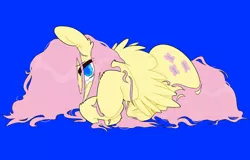 Size: 1280x820 | Tagged: safe, artist:scourgiez, derpibooru import, fluttershy, pegasus, pony, blue background, covering face, crying, female, hair over one eye, hooves together, image, looking at you, lying down, mare, png, sad, side, simple background, solo, spread wings, stray strand, teary eyes, wings, wings down