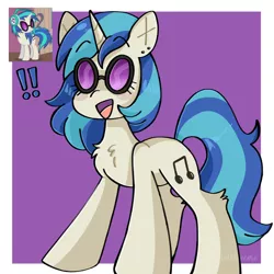 Size: 1280x1280 | Tagged: safe, artist:lolettecore, derpibooru import, vinyl scratch, pony, unicorn, abstract background, anime, chest fluff, chibi, cute, exclamation point, eyebrows, eyebrows visible through hair, female, hooves, horn, image, leg fluff, mare, music, open mouth, open smile, png, shading, signature, smiling, standing, tail, two toned mane, two toned tail